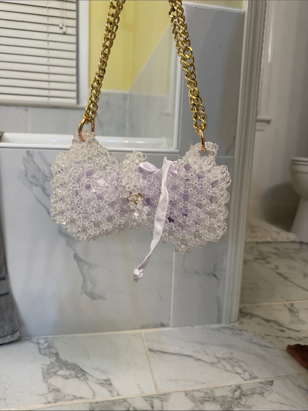 Clear Beaded Handbag with Lavender Lining and Gold Chain